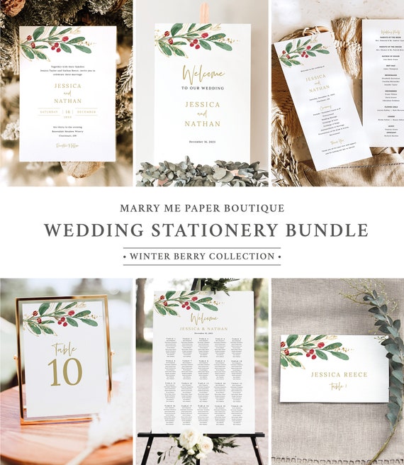 Wedding Template Bundle, Winter Wedding, Editable, Christmas Wedding Stationery Bundle, Red Berry Wedding Bundle, Templett INSTANT Download