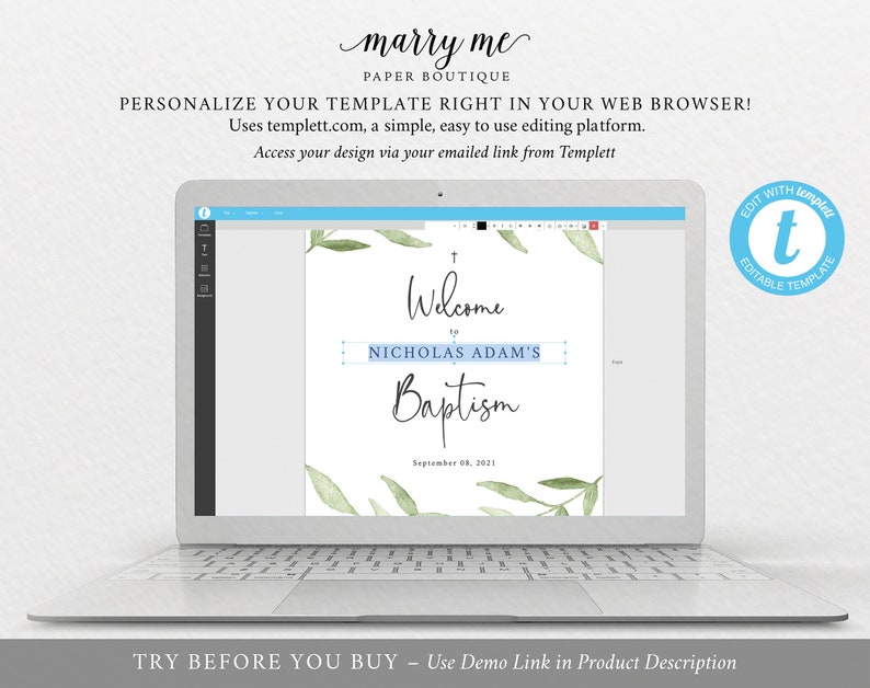 Editable Instant Download Baptism Welcome Sign Template Greenery Leaves TRY BEFORE You BUY