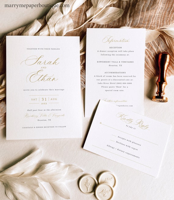 Wedding Invitation Template Set, Calligraphy Design in Gold, Editable, Gold Wedding Invite, RSVP, Details, Templett INSTANT Download