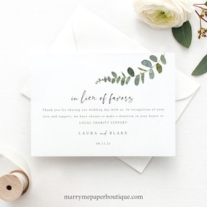 Eucalyptus In Lieu of Favors Card Template, Greenery Charity Donation Card Printable, Templett Editable, Instant Download