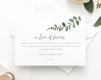 Eucalyptus In Lieu of Favors Card Template, Greenery Charity Donation Card Printable, Templett Editable, Instant Download