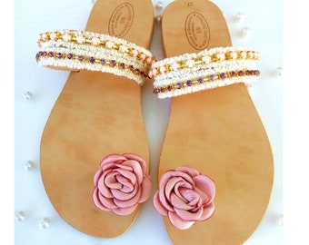 Bridal sandals, leather sandals, toe ring sandals, wedding sandals, bridesmaid sandals, flower sandals, Greek sandals, Luxurious Sandals