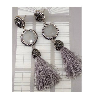 Tassel earrings, agate earrings, micro pave crystal earrings, dangle earrings, drop earrings, fashion earrings, gemstone earrings, gift