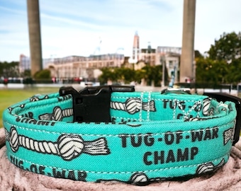 Tug of war dog collar, dog collar, funny dog collar, handmade dog collar, washable collar, adjustable side release collar, teal dog collar