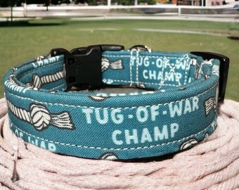 Tug of war dog collar, dog collar, funny dog collar, handmade dog collar, washable collar, adjustable side release collar, blue dog collar