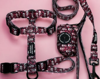 Pink Zebra Skull dog harness, dog harness and leash set, adjustable washable dog harness, nylon dog harness, pet halter, girl dog harness