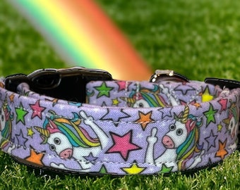 Unicorn dog collar, Funny dog collar, middle finger, obscene dog collar, wide collar, side release, adjustable, washable, fabric dog collar
