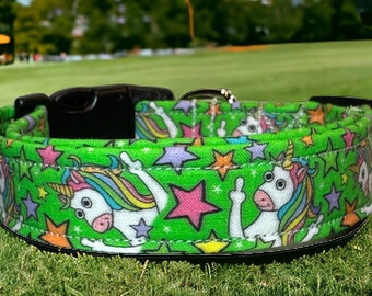 Unicorn dog collar, Funny dog collar, middle finger, obscene dog collar, wide collar, side release, adjustable, washable, fabric dog collar