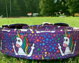 Unicorn dog collar, Funny dog collar, middle finger, obscene dog collar, wide collar, side release, adjustable, washable, fabric dog collar