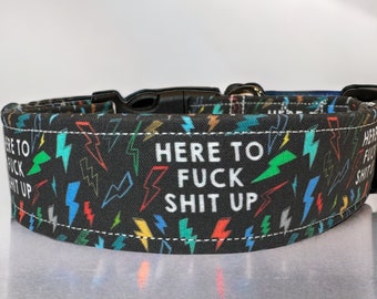 Here to fuck shit up dog collar, funny dog collar, lightening dog collar, boy dog collar, handmade collar, adjustable, quick release collar