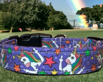 Unicorn dog collar, Funny dog collar, middle finger, obscene dog collar, wide collar, side release, adjustable, washable, fabric dog collar