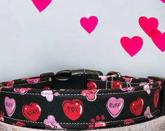 Valentines Day dog collar, dog collar, candy heart dog collar, valentine collar, side release collar, adjustable collar, washable collar