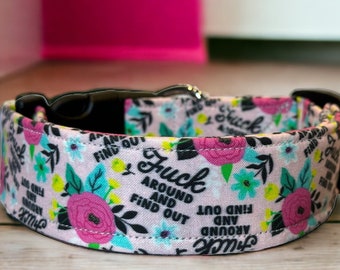 Fuck around and find out dog collar, floral dog collar, funny dog collar, obscene, handmade, washable, adjustable, side release, pet collar