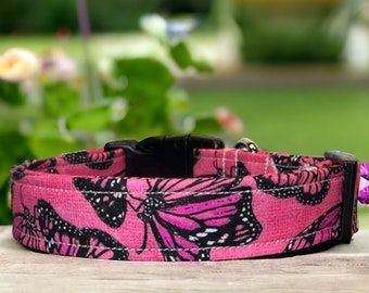 Monarch butterfly dog collar, handmade dog collar, pink and black, side release adjustable dog collar, washable collar, girl dog collar,