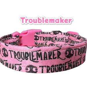 Funny &#39;Troublemaker&#39; Dog Collar: Adjustable Side Release Collar, handmade funny dog collar