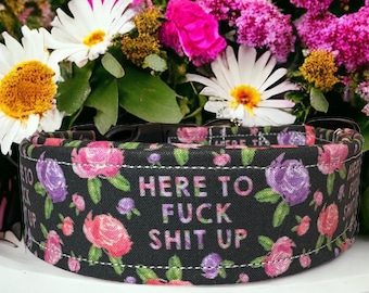 Here to fuck shit up dog collar, funny dog collar, floral dog collar, girl dog collar, handmade collar, adjustable, quick release collar