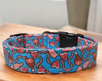Meat dog collar, funny dog collar, food dog collar, side release collar, adjustable collar, washable, handmade dog collar, fabric dog collar