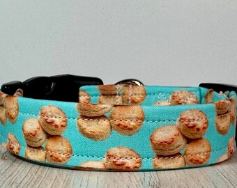 Biscuit dog collar, funny dog collar, dog collar, adjustable washable fabric collar, side release, food dog collar, handmade dog collar