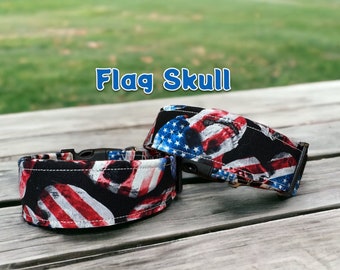 American flag dog collar, skull dog collar, dog collar, boy dog collar, girl dog collar, side release adjustable collar, handmade dog collar