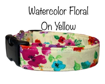 watercolor floral dog collar, yellow dog collar, floral dog collar, girl dog collar, washable collar, adjustable collar, side release collar