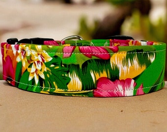 Tropical Hawaiian dog collar, handmade dog collar, side release, adjustable, washable dog collar, fabric dog collar, floral dog collar