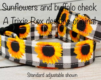 Sunflower and buffalo check dog collar, buffalo plaid, sunflower, dog collar, adjustable, washable, eco friendly, fabric dog collar, girl
