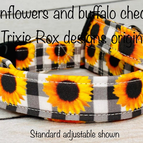 Sunflower and buffalo check dog collar, buffalo plaid, sunflower, dog collar, adjustable, washable, eco friendly, fabric dog collar, girl