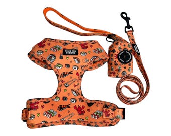 Neoprene Dog Harness With Sushi Print, Adjustable Nylon Webbing and Optional Matching Leash