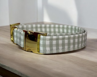 Personalized engraved fall sage plaid check dog collar, side release metal hardware, handmade fabric dog collar with engraved metal buckle