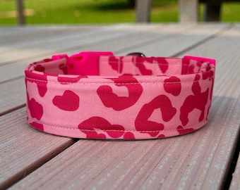 Hot Pink Leopard Print Handmade dog collar,  Washable fabric, adjustable side release, webbing core, customizable hardware, wide dog collar