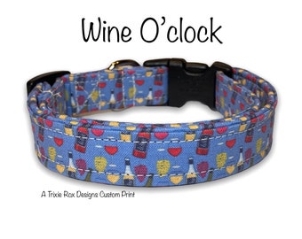 Wine dog collar, funny dog collar, food dog collar, wine, wine o clock, wine lover, cat collar, eco friendly, washable, adjustable, blue