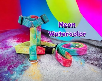 Neon watercolor dog harness and leash set, standard roman harness, step in harness, pet harness and leash set, adjustable pet harness