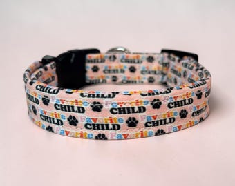 Funny handmade dog collar “Favorite Child”: Adjustable side release, washable cotton fabric, webbing core, customizable hardware color
