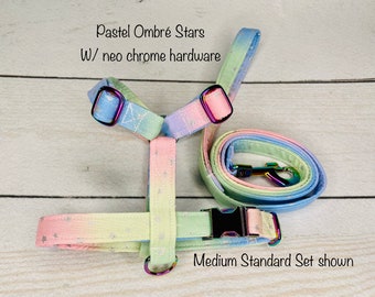 Dog harness, dog Harness and leash set, step in harness, standard harness, dog harness set, Neo chrome hardware, pastel stars, ombré