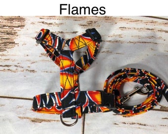 Dog harness, Harness and leash, step in harness, standard harness, adjustable harness, dog harness set, boy dog harness, flames, fire