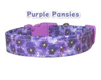 Purple floral dog collar, pansies, side release collar, adjustable collar, cat collar, washable collar, fabric dog collar, purple flower