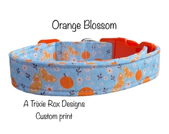 Orange blossom dog collar, floral dog collar, side release collar, adjustable collar, washable, cat collar, orange, blue, fabric dog collar