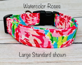 Watercolor floral dog collar, pink floral dog collar, blue, pink, bright color, adjustable collar, eco friendly, washable, dog collar girl