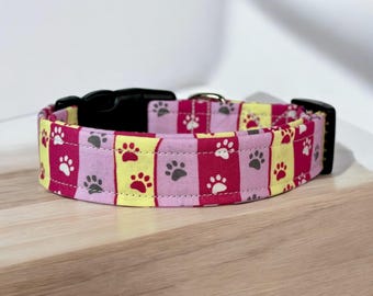 Striped paw print dog collar, handmade side release dog collar, girl dog collar, boy dog collar, custom dog collar, washable adjustable
