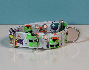 Monster Funny handmade martingale dog collar, washable cotton fabric, adjustable, no buckle, stainless steel hardware, wide martingale