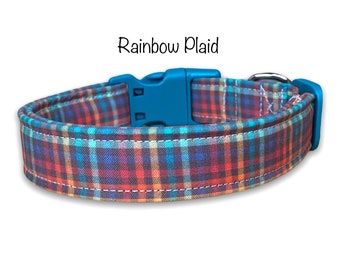 Rainbow plaid dog collar, washable, plaid, fabric dog collar, adjustable, eco friendly, cat collar, plaid cat collar, side release, rainbow