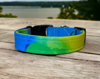 Colorful dog collar, side release adjustable, washable dog collar, handmade fabric pet collar, blue and green dog collar, dog collar boy,