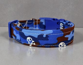 Blue Camouflage and Skulls handmade Dog Collar: adjustable side release, Washable cotton Fabric, webbing core, customizable hardware