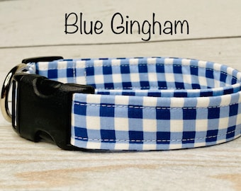 Blue and white gingham dog collar, plaid dog collar, adjustable collar, washable, side release, fabric collar, boy dog collar, blue plaid