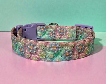 Pearl Flowers handmade dog collar, adjustable side release, washable fabric, webbing core, customizable hardware