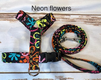 Neon Flowers Dog Harness Set, Adjustable Step-In or Roman Style with Matching Leash