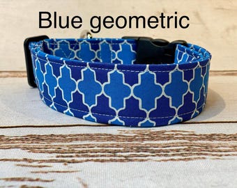 Blue Geometric Fabric Dog Collar: Washable, Adjustable, handmade funny dog collars, side release, washable 