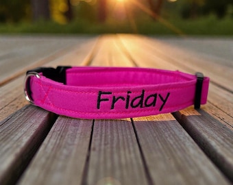 Personalized Embroidered handmade Pink dog collar, cotton canvas fabric, washable, adjustable, webbing core, side release custom collar