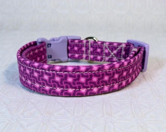 Purple Geometric handmade dog collar, adjustable side release, washable cotton fabric, webbing core, customizable hardware color