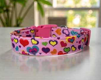 Funny handmade dog collar Valentines Rainbow Hearts: Washable fabric, adjustable side release, webbing core, customizable hardware